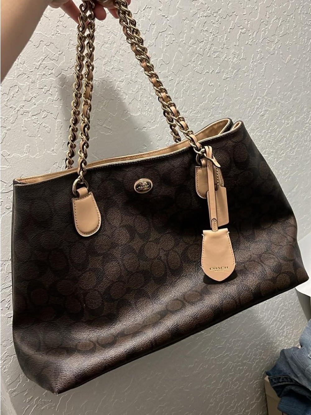Coach Dark Brown Signature Tote with Tan Leather Trim and Chain Straps